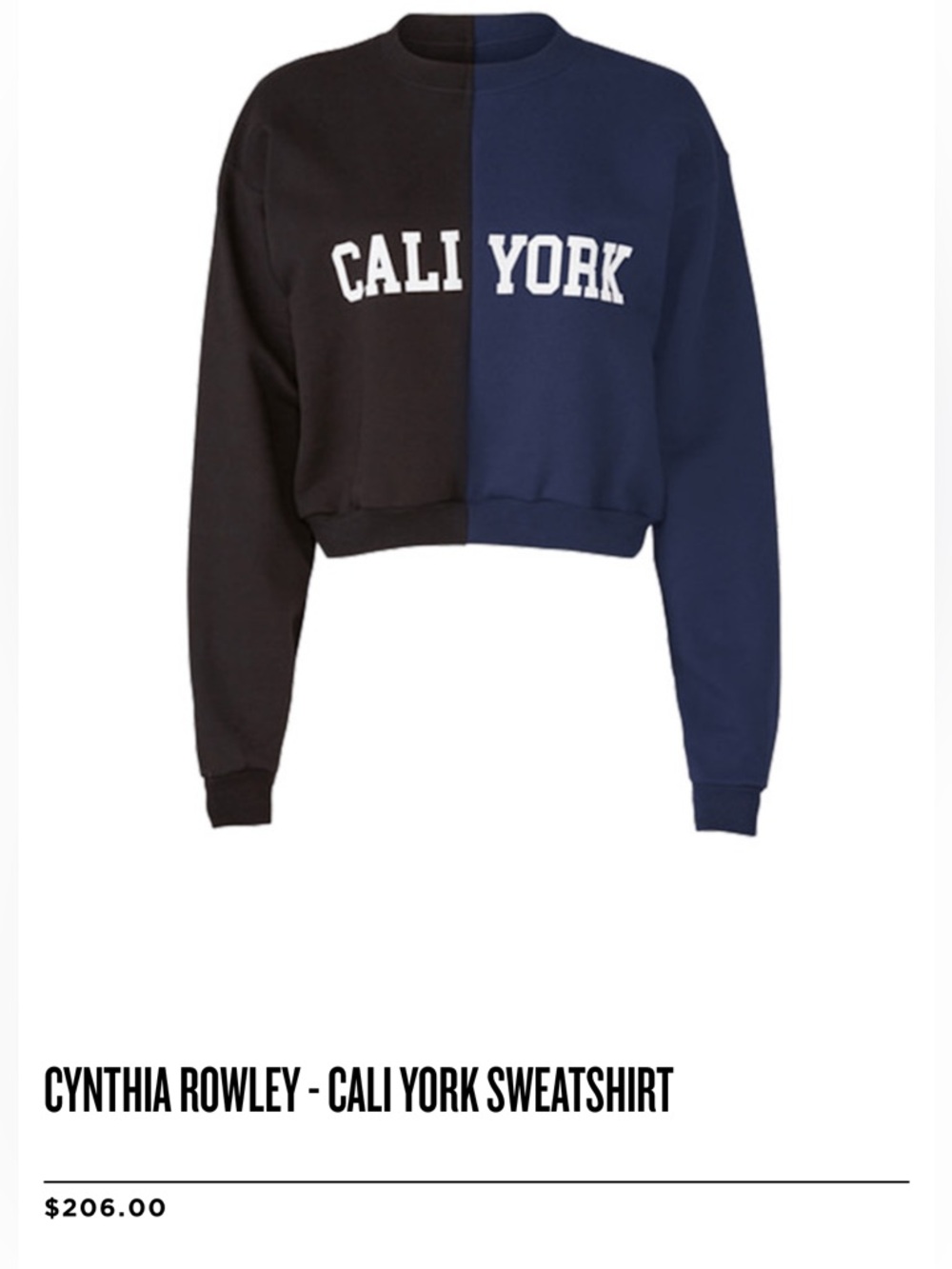 Cynthia Rowley Two-Tone Black & Navy 'CALI YORK' Cropped Sweatshirt
